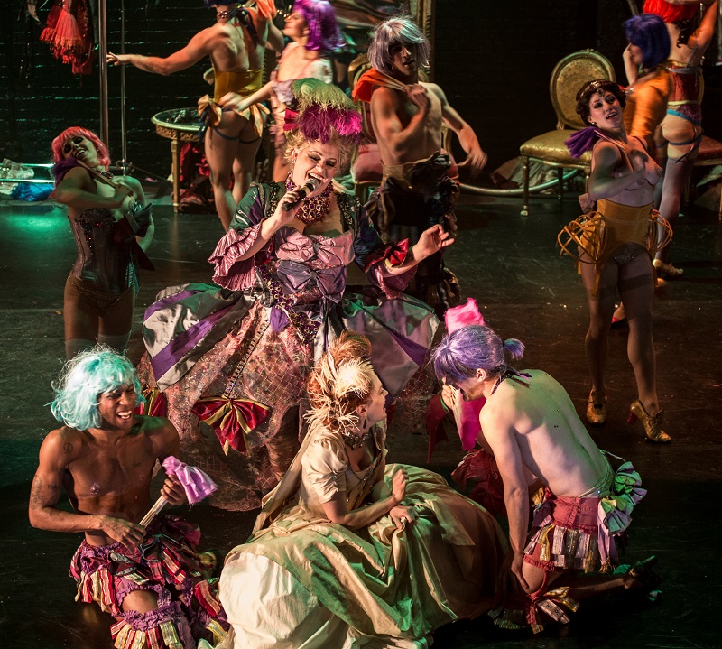 Shelly Watson as Madame Drosselmeyer (singing in center) and cast members of Nutcracker Rouge